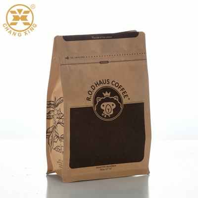 Kantong Kopi Kertas Kraft Kompos Bawah Persegi Datar Dengan Katup Kunci Ritsleting Saku